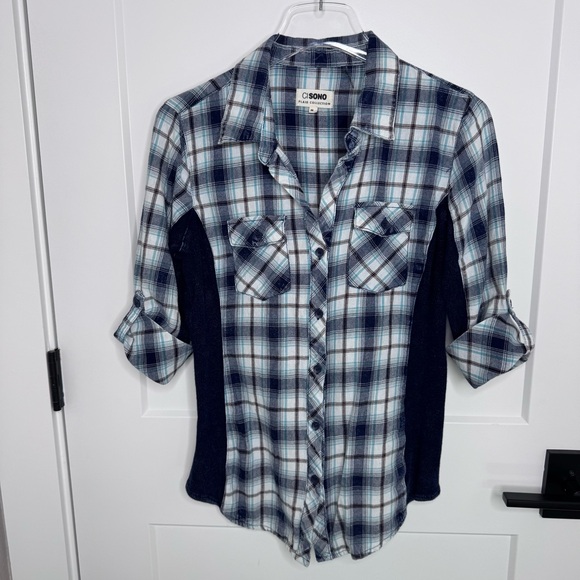 Ci Sono Plaid Collection Women Shirt Roll Up Sleeves Button Down Stretch Size M - Picture 4 of 10
